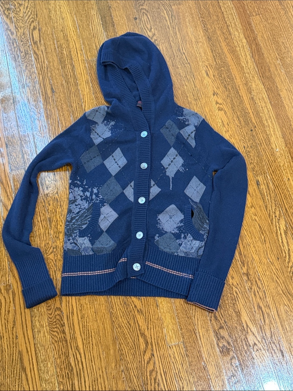 100% cashmere Women's Navy Hooded Button-Front Sweater with Argyle Detail